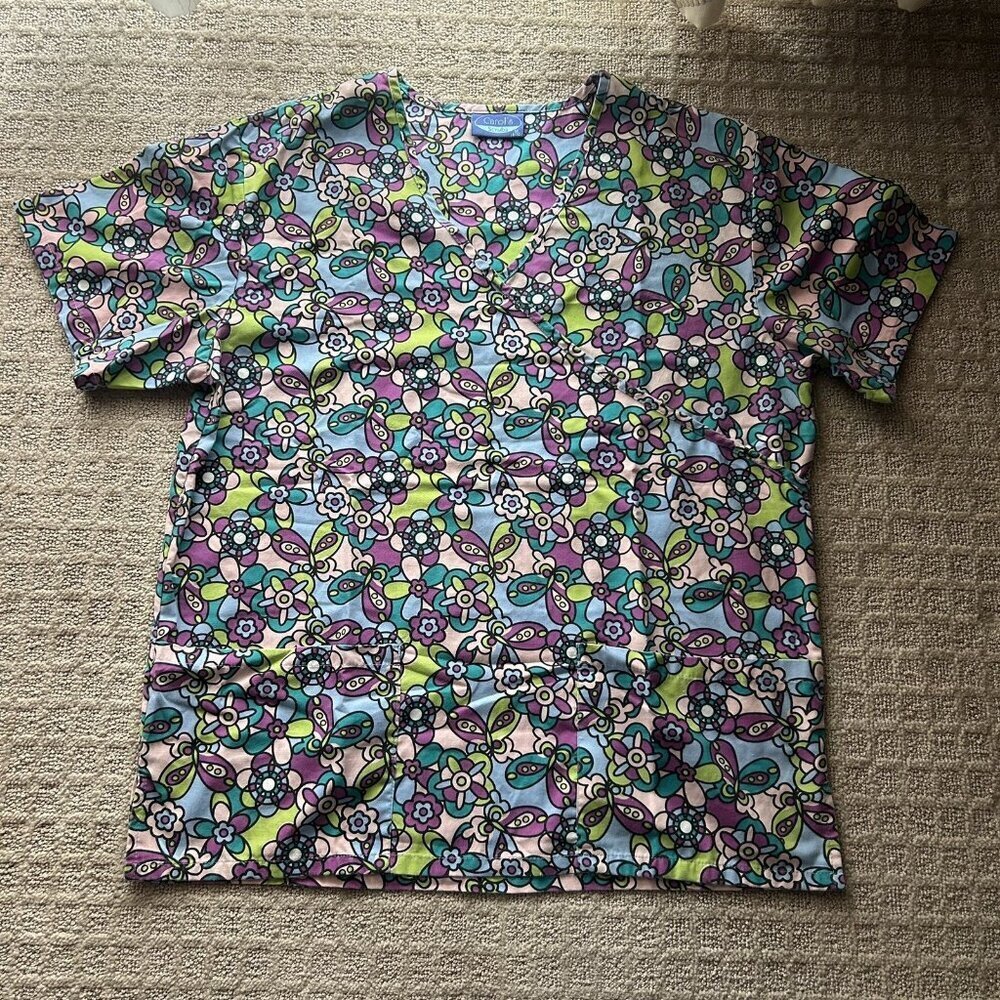 Carols‎ Scrub Top Womens Medium Multicolor Butterflies Flowers Floral Nurse